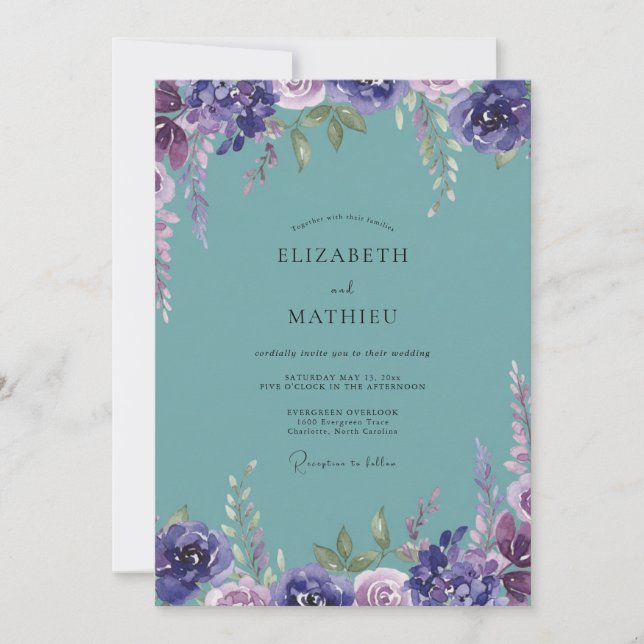 Invitation Mariage Aqua Violet Pivoine (Devant)
