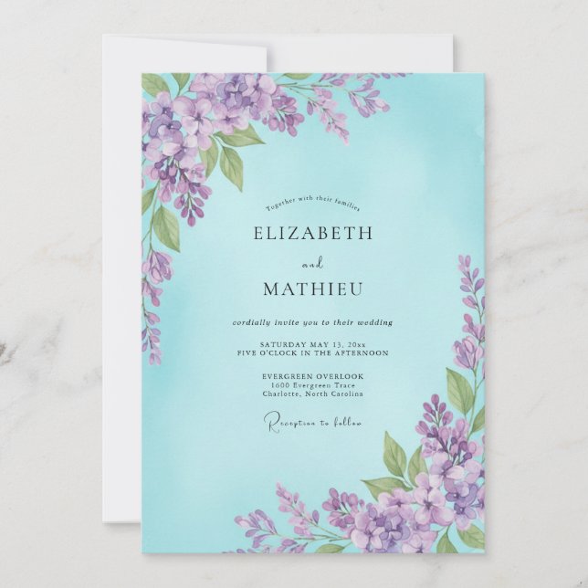 Invitation Mariage Aqua Violet Wisteria (Devant)