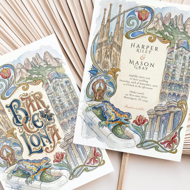 Invitation Mariage aquarelle à Barcelone avec monuments de Ga (Créateur téléchargé)