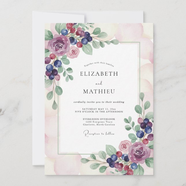 Invitation Mariage Aquarelle à la Baie Mauve (Devant)