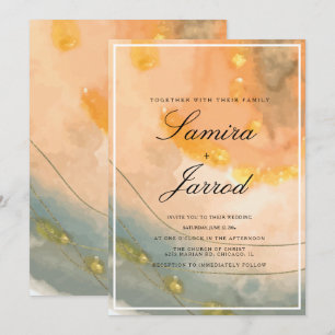 Invitation Mariage Aquarelle à la Main de Péche d'Agate et Or