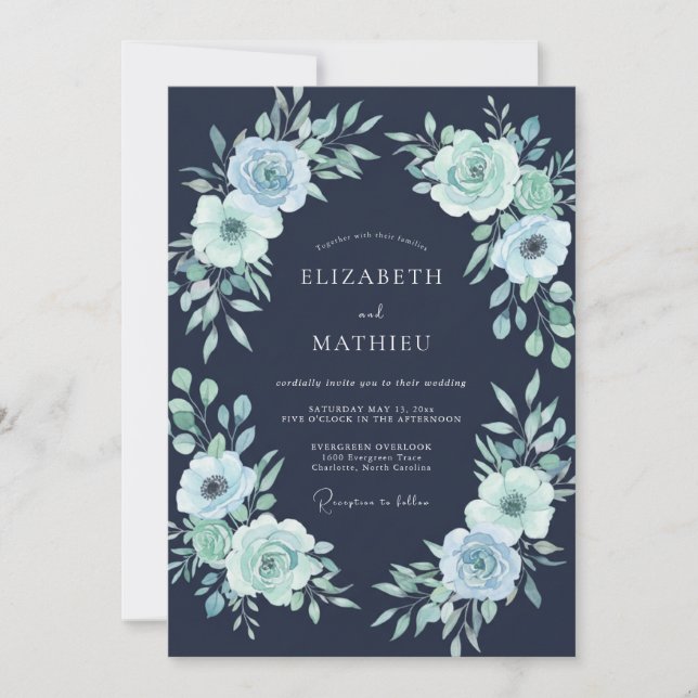 Invitation Mariage aquarelle à la menthe de minuit (Devant)