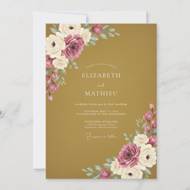 Invitation Mariage aquarelle à la moutarde et au prune (Devant)