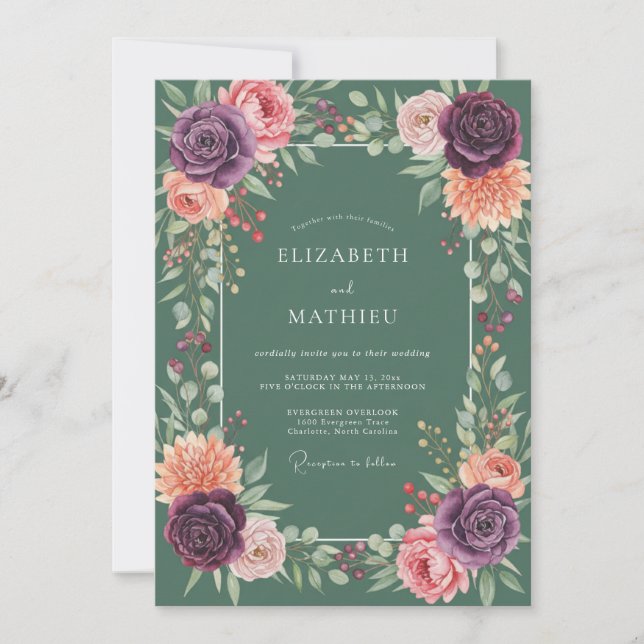 Invitation Mariage aquarelle à la sauge prune (Devant)