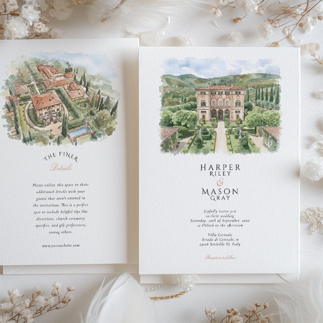Invitation Mariage aquarelle à la Villa Cetinale en Toscane (Créateur téléchargé)