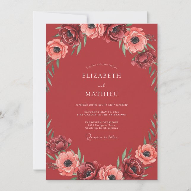 Invitation Mariage aquarelle à l'anémone cramoisie (Devant)