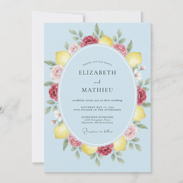 Invitation Mariage aquarelle à l'eau azur et citron (Devant)