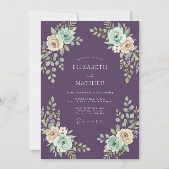 Invitation Mariage aquarelle à l'eau violette et menthe (Devant)