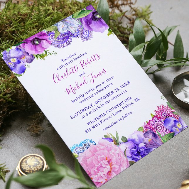 Invitation Mariage aquarelle à motifs cachemire rose violet (Créateur téléchargé)