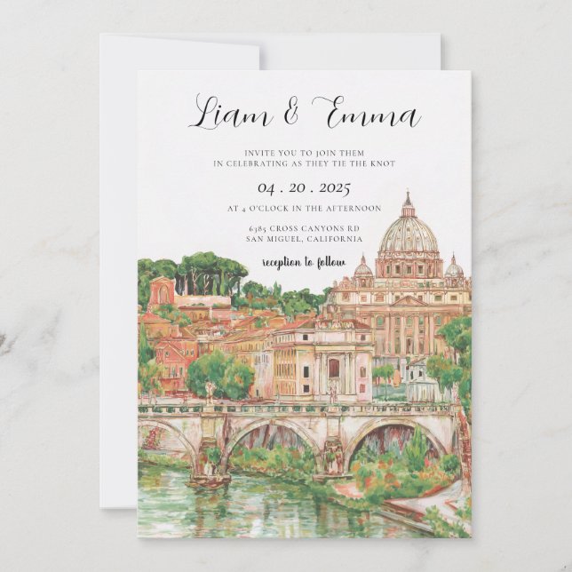 Invitation Mariage aquarelle à Rome Italie (Devant)