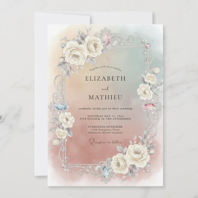 Invitation Mariage aquarelle abricot champagne (Devant)