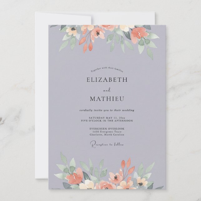 Invitation Mariage Aquarelle Abricot Mauve (Devant)