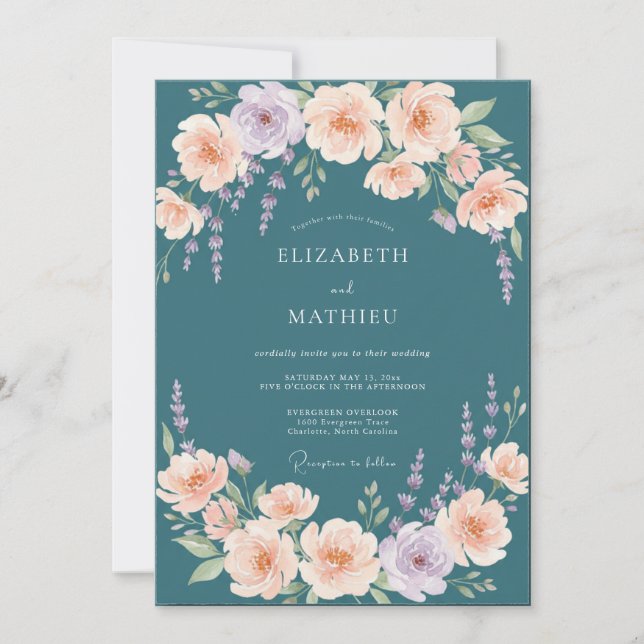 Invitation Mariage aquarelle abricot pétrole (Devant)