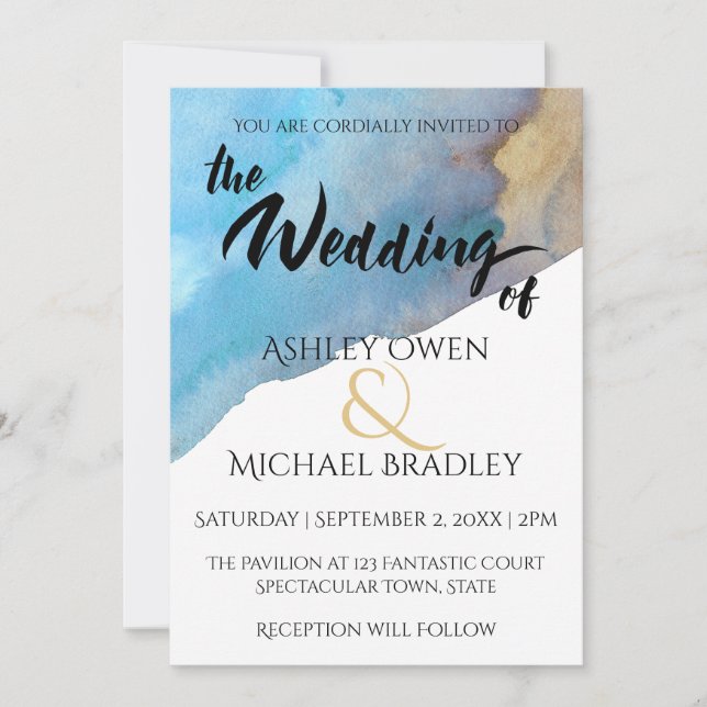 Invitation Mariage aquarelle abstraite bleu et sable de plage (Devant)