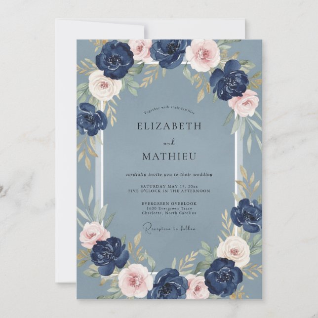 Invitation Mariage Aquarelle Acier de Minuit (Devant)