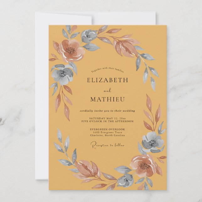 Invitation Mariage Aquarelle Acier Moutarde (Devant)