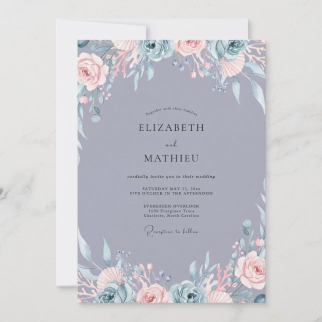 Invitation Mariage aquarelle Améthyste Acier (Devant)