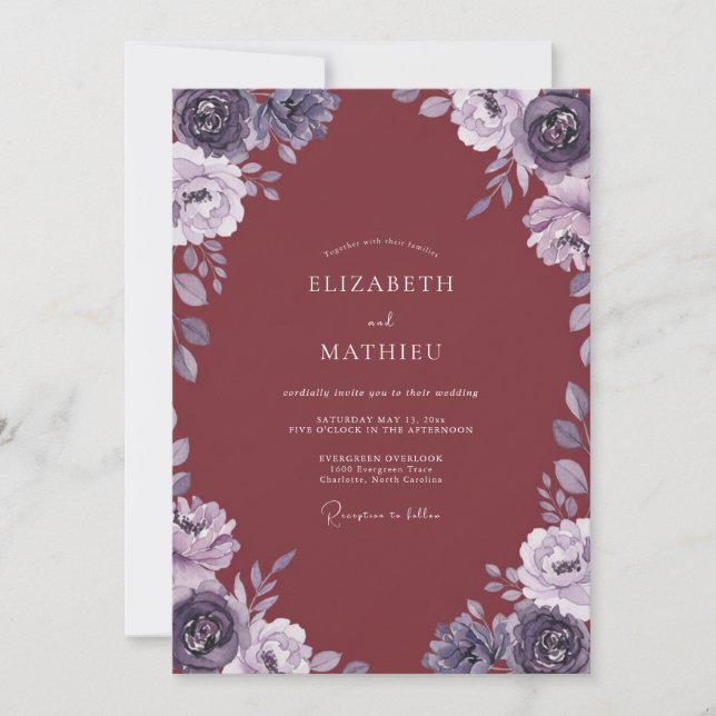Invitation Mariage aquarelle améthyste bordeaux (Devant)