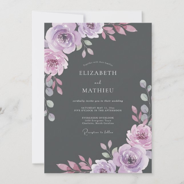 Invitation Mariage Aquarelle Améthyste Charbon (Devant)