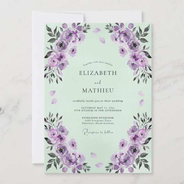 Invitation Mariage Aquarelle Améthyste Menthe (Devant)