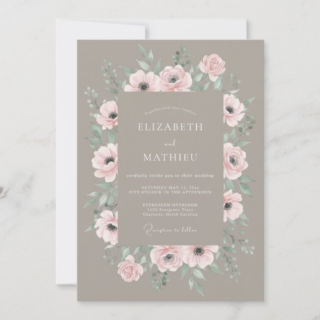 Invitation Mariage aquarelle Anémone Taupe (Devant)