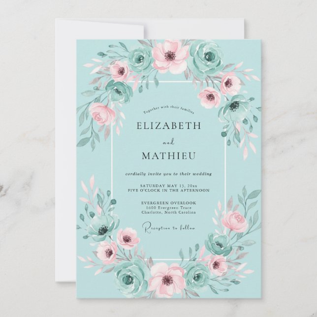 Invitation Mariage Aquarelle Aqua Blush (Devant)