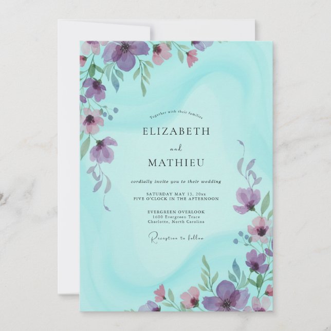 Invitation Mariage Aquarelle Aqua Lavande (Devant)