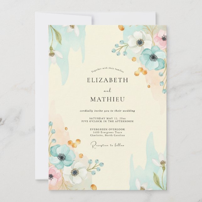 Invitation Mariage Aquarelle Aqua Or (Devant)