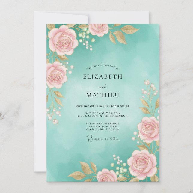 Invitation Mariage Aquarelle Aqua Rose (Devant)