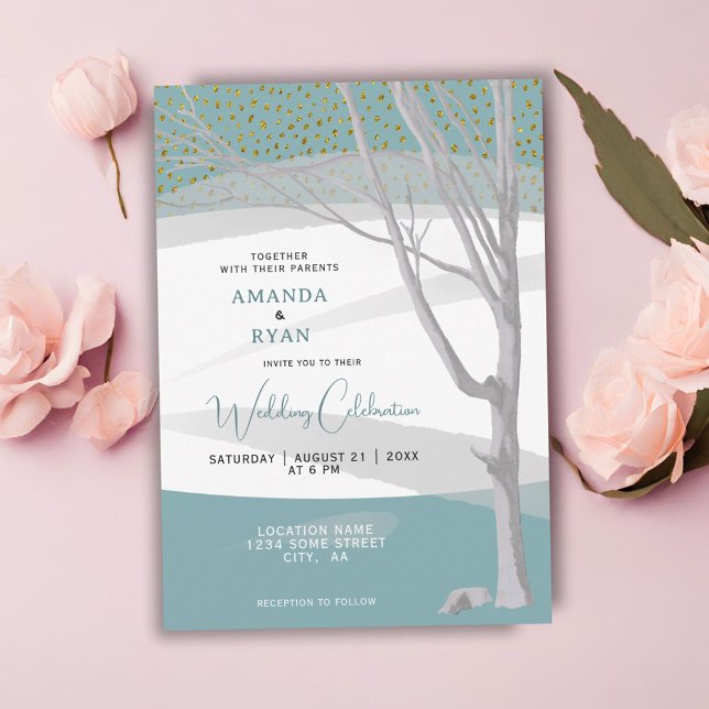 Invitation Mariage Aquarelle Arbre d'Hiver Rustique Vert Ment (Créateur téléchargé)