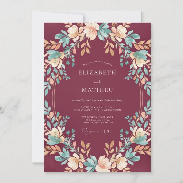 Invitation Mariage aquarelle ardoise bordeaux (Devant)