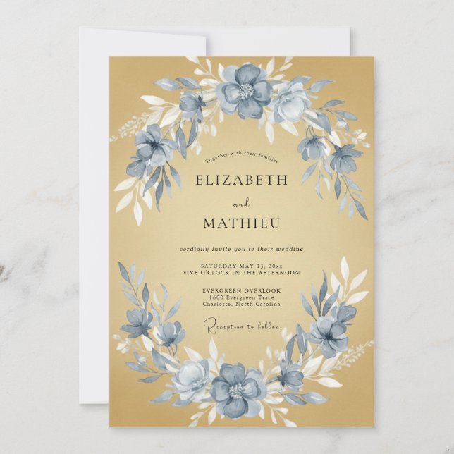 Invitation Mariage aquarelle ardoise et moutarde (Devant)