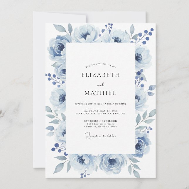 Invitation Mariage aquarelle ardoise poussiéreuse (Devant)