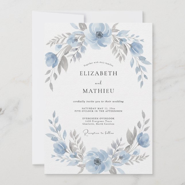 Invitation Mariage aquarelle argent et bleuet (Devant)