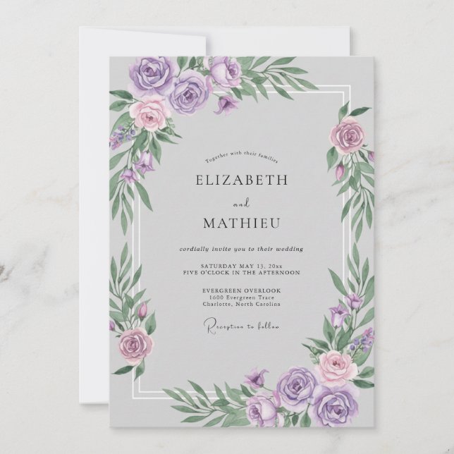Invitation Mariage aquarelle argent et lilas (Devant)