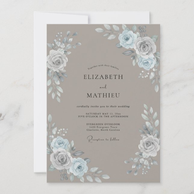 Invitation Mariage aquarelle argent Taupe (Devant)