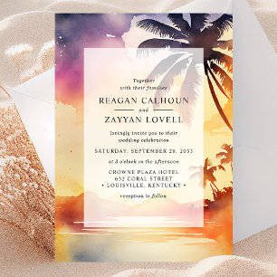 Invitation Mariage aquarelle au coucher du soleil aux Palmier