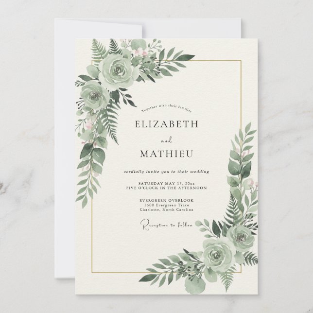 Invitation Mariage aquarelle au feuillage céladon (Devant)