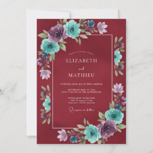 Invitation Mariage aquarelle au plum cramoisi
