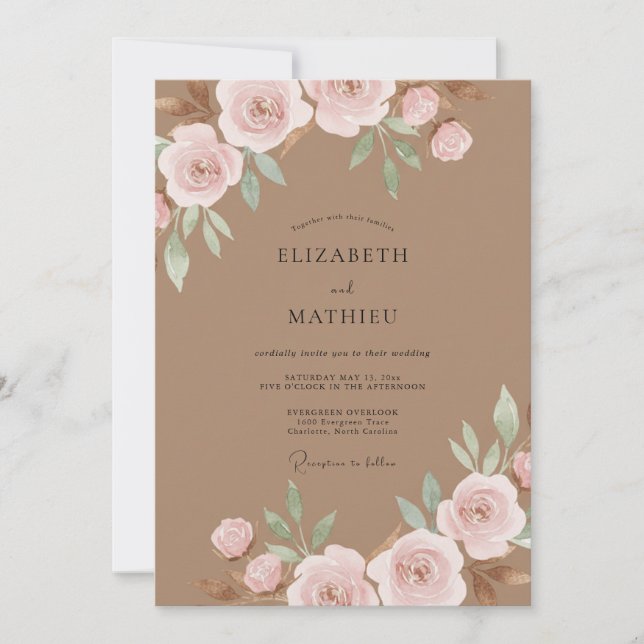 Invitation Mariage aquarelle au rose taupe (Devant)