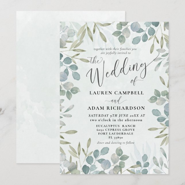 Invitation Mariage aquarelle au vert sauge rustique avec euca (Devant / Derrière)