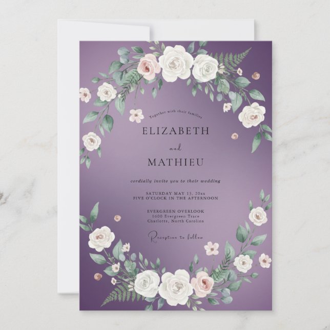 Invitation Mariage aquarelle blanc et améthyste (Devant)