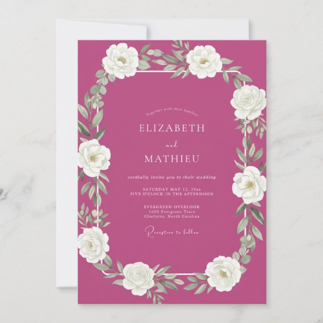 Invitation Mariage aquarelle blanc et magenta (Devant)