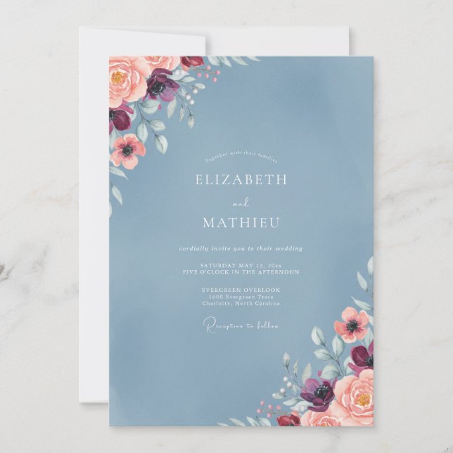 Invitation Mariage Aquarelle Bleu Acier et Prune (Devant)