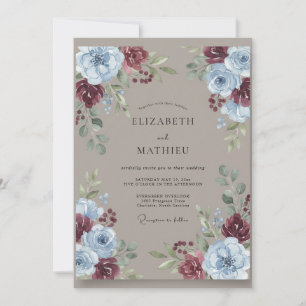 Invitation Mariage aquarelle bleu ardoise et Bourgogne