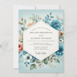 Invitation Mariage Aquarelle Bleu Ardoise et Pêche