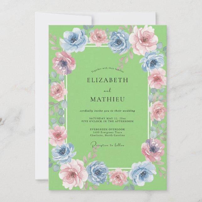 Invitation Mariage aquarelle bleu azur chartreuse (Devant)