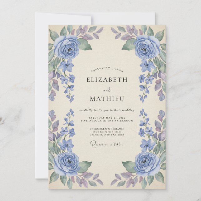 Invitation Mariage aquarelle bleu barbeau violet (Devant)