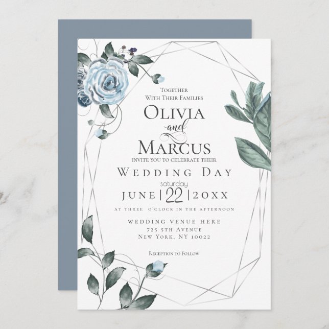 Invitation MARIAGE | Aquarelle bleu bleu foncé (Devant / Derrière)