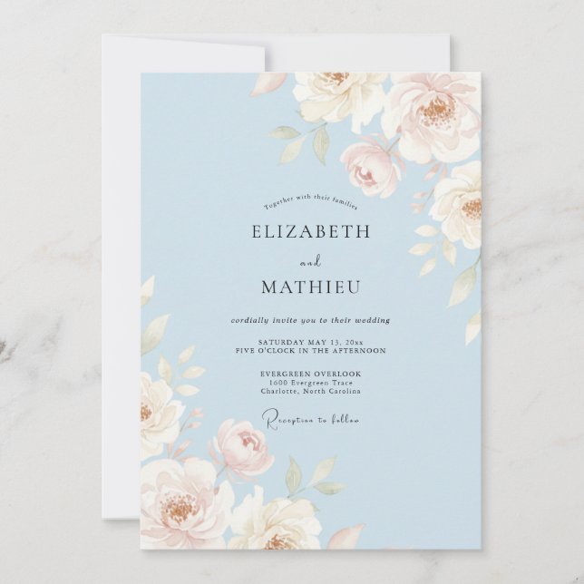 Invitation Mariage Aquarelle Bleu Ciel Élégant (Devant)